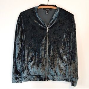 Forever 21 Soft Crushed Velour Velvet Zip‎ Bomber Style Jacket Blue Grey Medium